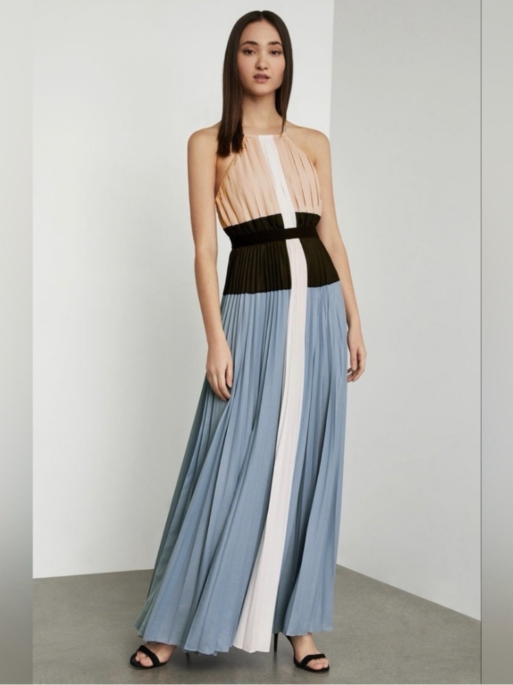 BCBGMAXAZRIA Constantine Colorblock Pleated Halter Maxi Dress Gown Size S